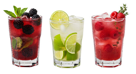 Three refreshing cocktails isolated on transparent background