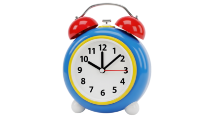 Retro blue alarm clock with red bells shows quarter past three