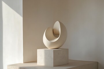 A calm interior corner showcasing a large abstract stone sculpture.