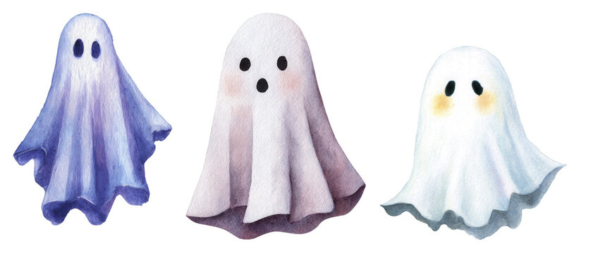 Playful Cartoon Ghost Characters with Whimsical Expressions on a Transparent Background