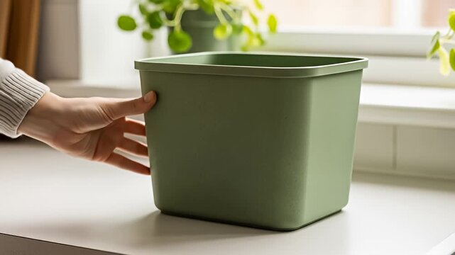 Hands place square green container on white surface, plant and window in background