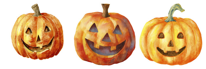 Set of Three Carved Halloween Pumpkins with Smiling Faces on Transparent Background