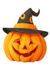 Smiling Halloween Pumpkin Character Wearing a Witch Hat on a Transparent Background
