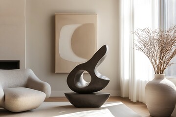 A minimal chic corner featuring a contemporary sculpture displayed on pedestal.
