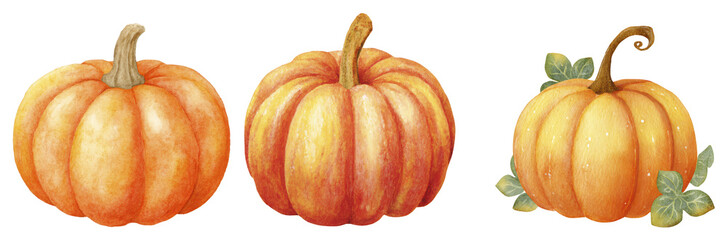 Three Vibrant Orange Pumpkins with Varying Sizes and Shapes Against a Transparent Background