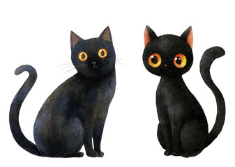Two Black Cats with Bright Eyes Sitting Together in a Playful Pose on a Transparent Background