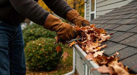 Clearing away fallen leaves from the roof drain.