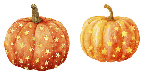 Two Colorful Pumpkins with Star Patterns on Transparent Background for Autumn and Halloween Decorations