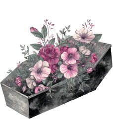 Vintage Floral Arrangement in a Wooden Coffin Design Featuring Delicate Pink and Purple Flowers