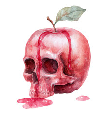 Watercolor Illustration of a Skull Embedded in a Red Apple with Dripping Blood and Leaf on a Transparent Background