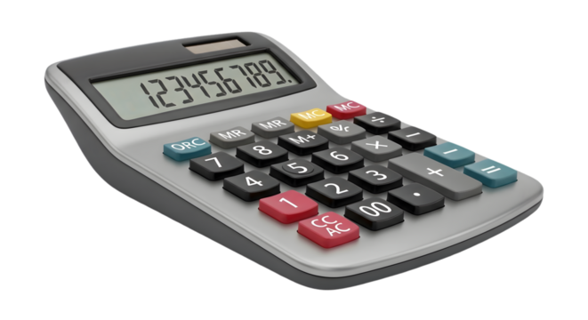 Gray calculator with colorful buttons on white background