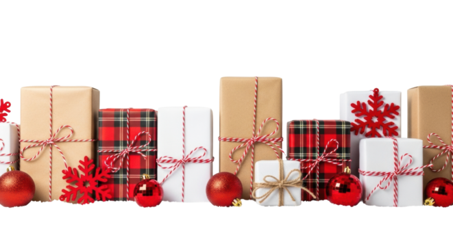 Multiple christmas presents in kraft, white, and plaid, with festive twine and red snowflakes on white snow, clean background, copy space. Holiday gifting concept