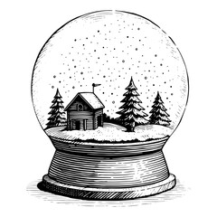 Snow globe with house and trees woodcut illustration in black and white