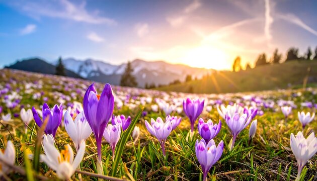 A spring meadow filled with crocuses at sunset