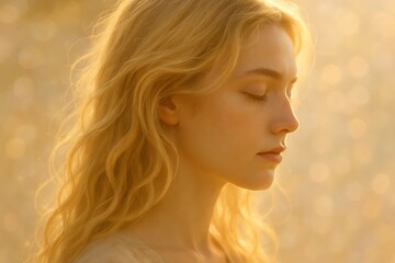 Young woman with eyes closed in golden sunlight