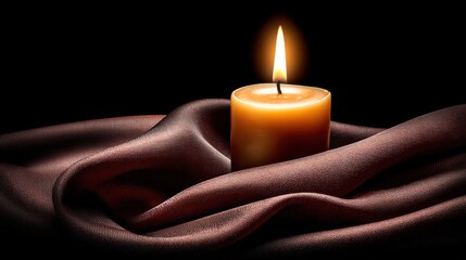 Warm candle flame wax wick glow dark background soft light silk fabric drape still life flow gently, calm mood, serene night ambiance, peaceful warmth, gentle shine, intimate scene