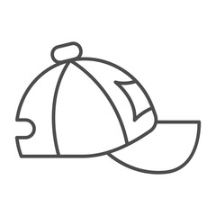 Hat of game fan thin line icon, baseball game concept. Vector graphics. Baseball cap with famous team emblem, clothes sign on white background, outline style icon of mobile or web design.