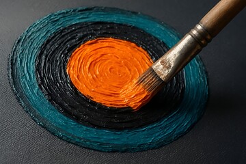 Artist s brush applying orange paint to a teal swirl