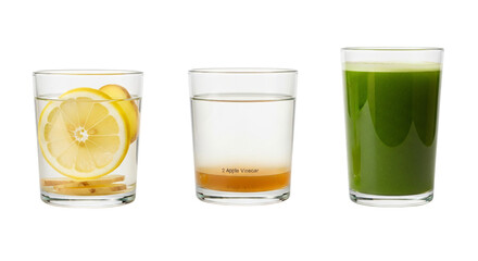 Three healthy drinks isolated on transparent background are displayed