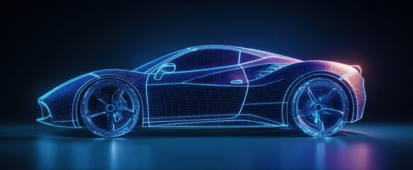 The Car in Neon Wireframe Render with Futuristic Blue and Pink Lighting