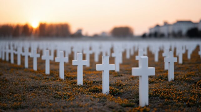 White Crosses In A Military Cemetery At Sunrise. Honoring Fallen Soldiers With A Serene And Respectful Atmosphere