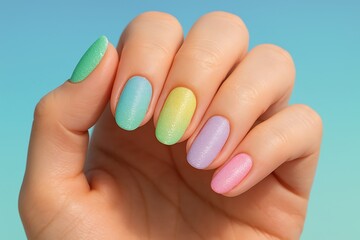Hand with pastel colored nails against a soft blue background