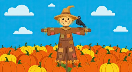 Cartoon Scarecrow with Crow on Arm in Pumpkin Patch Against Blue Sky