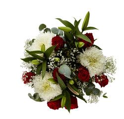 Bouquet of roses, red and yellow chrysanthemums, top view cut out isolated transparent background