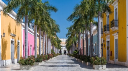 Colorful Colonial Street With Palm Trees In Valladolid, Mexico. Vibrant Architecture And Tropical Ambiance
