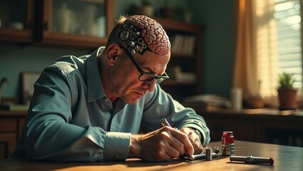 A man with glasses and a brain on his head sits at a table. Generative AI