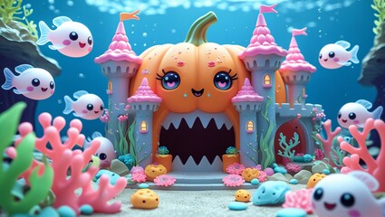 Fototapeta premium Cute kawaii pumpkin-shaped underwater castle with ghost fish swimming around