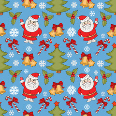 Funny Christmas and New Year seamless pattern on blue background. Santa, Christmas trees, bells, holly leaves and candy canes, vector.