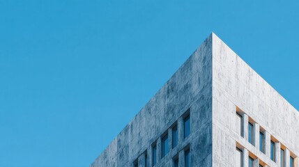 Modern Architectural Building Against Clear Blue Sky. Minimalist Design And Urban Aesthetics