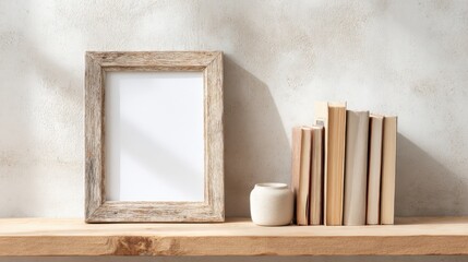 Empty Rustic Wooden Frame And Books On Wooden Shelf. Minimalist Home Decor And Interior Design Concept