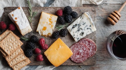 Cheese And Charcuterie Board With Wine And Berries. Gourmet Appetizer Selection For Elegant Dining
