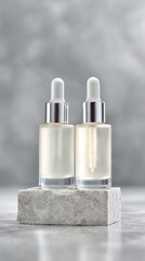Two Glass Dropper Bottles On Stone Platform With Gray Background. Minimalist Skincare Product Display