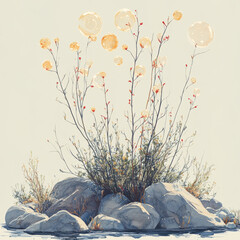 Bush With Glowing Orbs On Rocky Terrain. Surreal Nature Scene Blending Reality And Fantasy