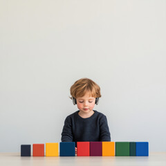Child With Headphones Playing With Colorful Blocks. Early Learning And Sensory Development
