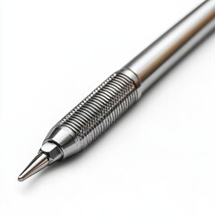 Close-Up Of A Metallic Ballpoint Pen On White Background. Precision Writing Instrument For Professional Use