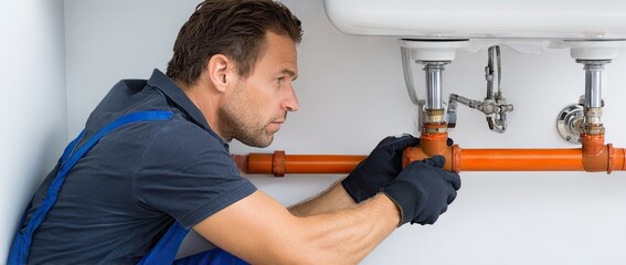 Professional plumber working on pipes under a sink fixing water system.