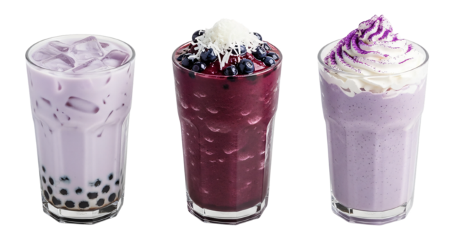 Three refreshing purple drinks isolated on transparent background