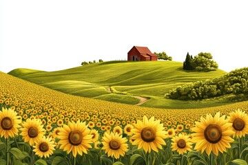 Sunflower Field With Red Barn On Rolling Hills. Idyllic Countryside Landscape