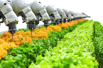 Robotic Arms Tending To Lettuce Crops In A High-Tech Farm. Automation In Agriculture Enhances Efficiency And Sustainability