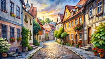 Photo of picturesque european street with historic buildings and cobblestones, illuminated by soft sunset light, rendered in a vibrant watercolor art style