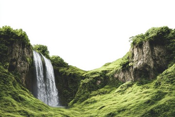 Waterfall Cascading Down Lush Green Cliffs. Serene Natural Landscape Showcasing Tranquility And Beauty