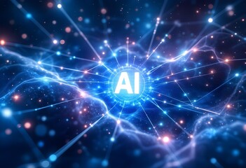 Fototapeta premium Abstract glowing ai neural network with interconnected nodes and bright blue energy streams