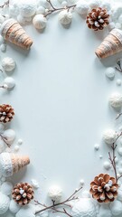 Pine cones on the soft snow underneath a tree. Generative AI