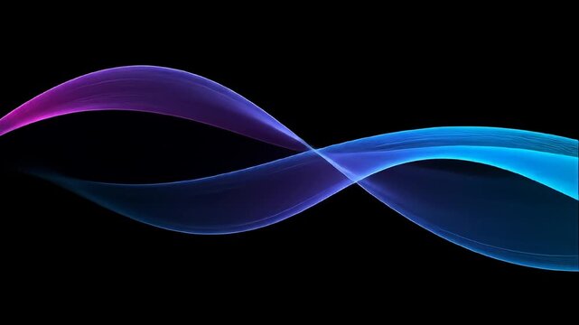 Flowing waves of purple and blue create a ribbon effect on a stark black background