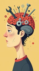 A cartoon illustration of a person with tools in their brain. Generative AI