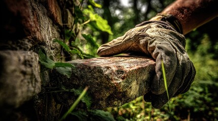 Obraz premium Close Up Of Hand In Glove Inspecting Aged Brick
